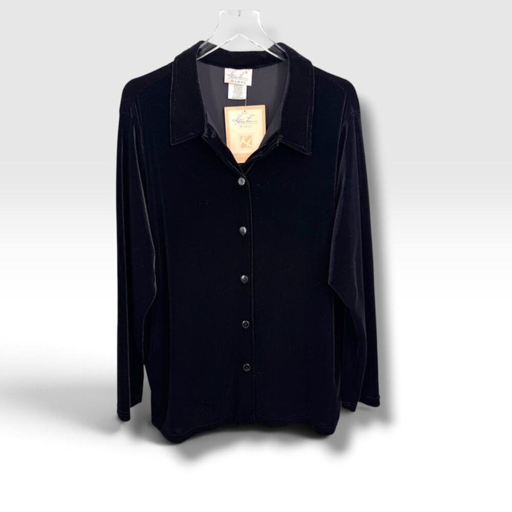 VTG Kathie Lee blouse 18W/20W velvet button down minimalist lagenlook black NEW